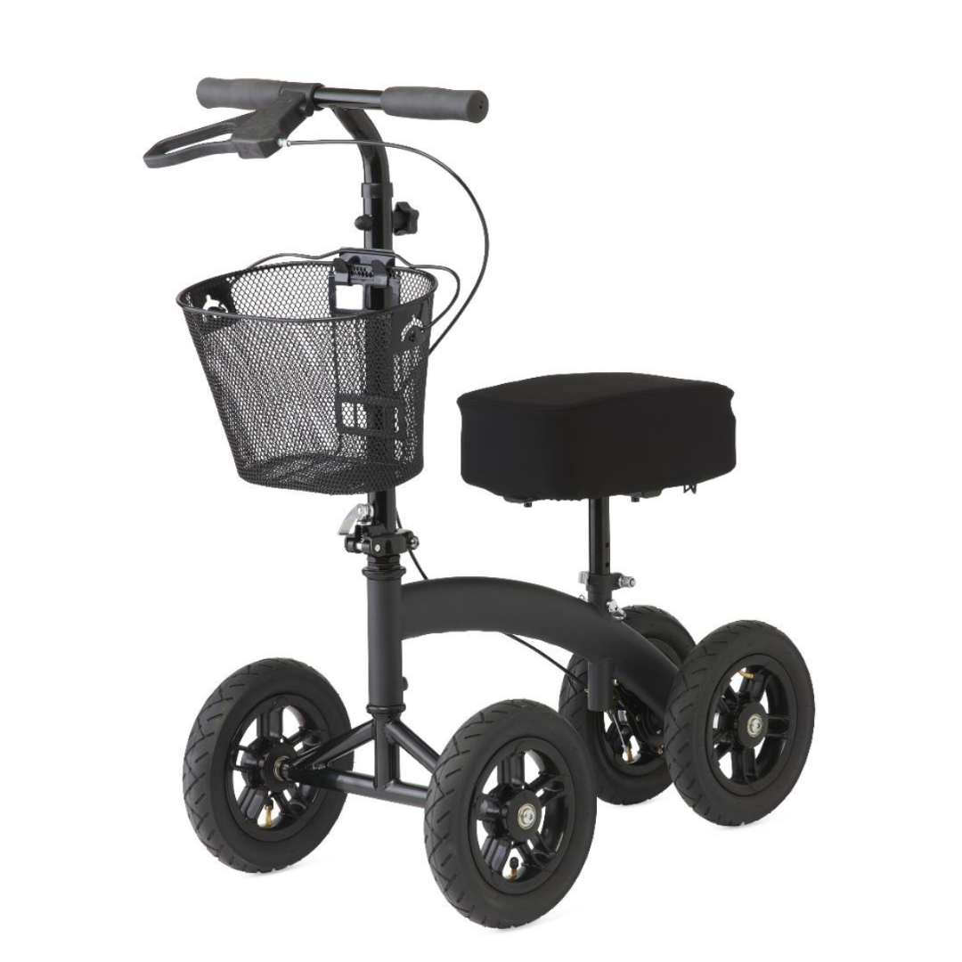 The Medline All-Terrain Portable Knee Walker features four all-terrain wheels, a black frame, padded knee rest, handlebars with hand brakes, and a front wire mesh basket.